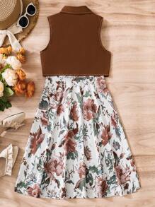 SHEIN Vintaside Kids 青少年女孩休闲优雅可爱背心夹克和花朵印花吊带裙两件套 - 棕色 - 查看 2