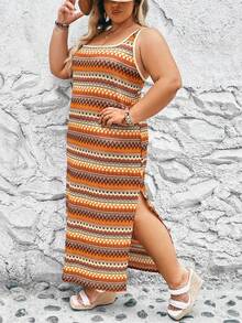 SHEIN CURVE+ 大尺碼幾何圖案高開叉無袖露背假日連衣裙 - 彩色 - 查看 6