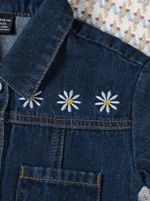 寶寶女孩鬆緊短褲套裝，帶有刺繡細節的磨邊牛仔短褲 - 深色水洗藍 - 查看 5