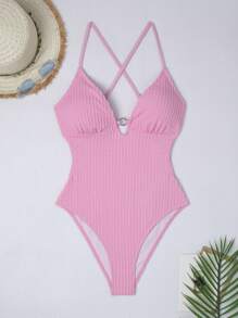 Swim Mod Summer Beach Women Solid Color Simple Daily One-Piece Swimsuit - Pink - View 3