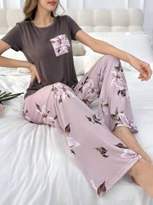 Conjunto de Pijama Feminino com Estampa de Flor Fashion de Manga Curta - Roxo - Visão 3
