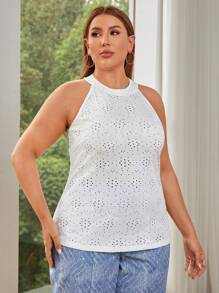 SHEIN Essnce Plus Size Hollow Out Halter Top - White - View 5
