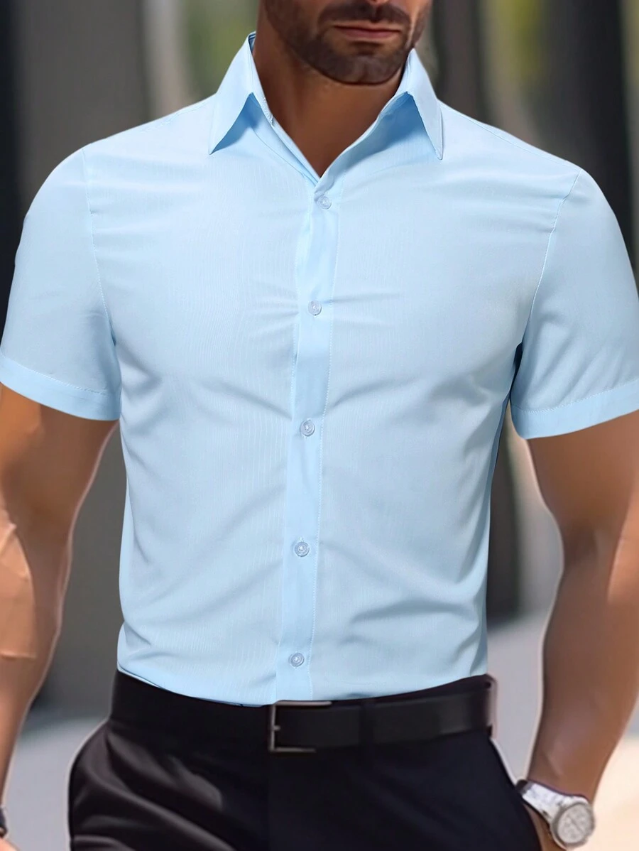 Manfinity Mode Áo Sơ Mi Tay Ngắn Màu Trơn Thời Trang Nam (In Cắt Ngẫu Nhiên) - Màu xanh nhạt - Xem 1