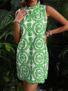 GENKIRA 隨機繡花荷葉邊高領無袖洋裝 - 綠色 - 查看 1