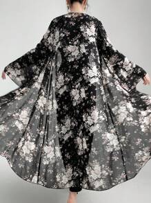 Modelyn Women Floral Print Bell Sleeve Coat And Solid Color Slim Long Dress Two-Piece Set For Spring/Autumn 2 Pieces Set