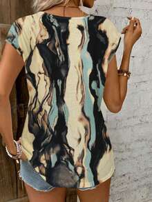 INAWLY Women Marble Pattern Batwing Sleeve Summer T-Shirt - Multicolor - View 2