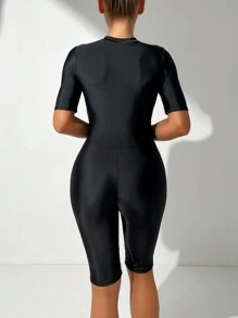 Swim SPRTY Summer Beach Women Vacation Tropical Plant Print Half-Zip Wireless Short Sleeve Surfing Suit Romper