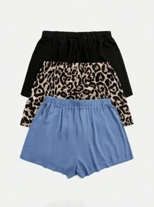 SHEIN VCAY Plus Size Nữ Mùa Hè Lưng Co Giãn Họa Tiết Da Báo Quần Short Thường Ngày Bộ 3 - Màu xanh bụi bặm - Xem 2