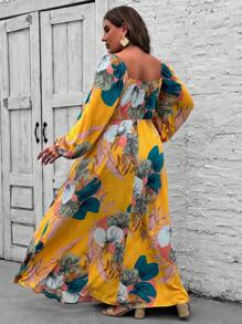 SHEIN VCAY Plus Size Women Plant Printed Lantern Sleeve Dress - Yellow - View 2