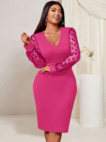 SHEIN Clasi Đầm ôm body cổ chữ V lưới tương phản mùa xuân cỡ lớn - Màu Hồng Tươi - Xem 6