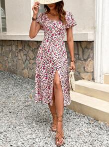 SHEIN Frenchy Vestido largo romántico para mujer con cuello cuadrado y mangas cortas con estampado floral pequeño y hoja de loto en tono rosa - Multicolor - Ver 5