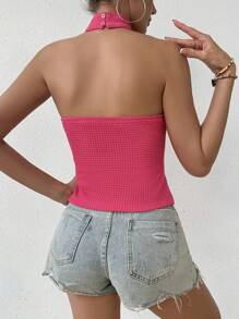 Chiquease Summer Fashion Sleeveless Top With Texture And Halter Neck Design - Hot Pink - View 2