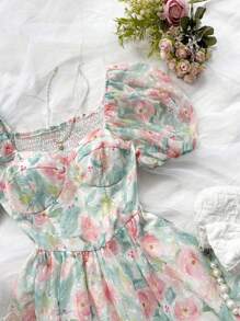 Soleia 女士水彩花卉印花泡泡袖短式束腰裙,適用於休假旅行 - 彩色 - 查看 3