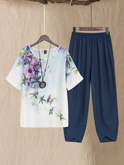 Linhara Summer Plus Size Flower Printed Short Sleeve Top And Shorts Set