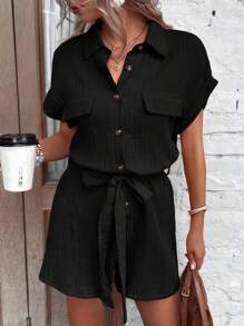 SHEIN LUNE Solid Color Plisse Flap Detail Waist Belt Shirt Romper For Summer