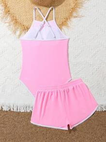 Tween Girl Fashionable Letter Graphic Contrast Piping One-Piece Swimsuit With Shorts Summer Holiday