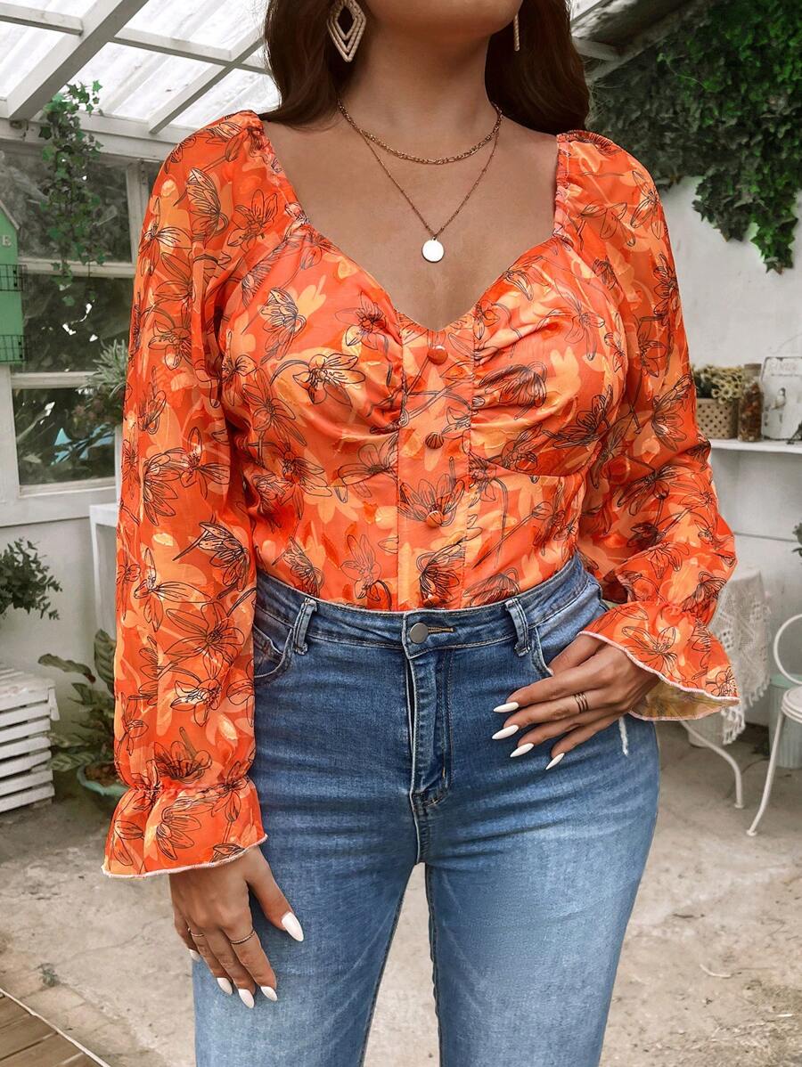 SHEIN Clasi Áo sơ mi nữ Plus Size thanh lịch Plus Size có họa tiết hoa - trái cam - Xem 1