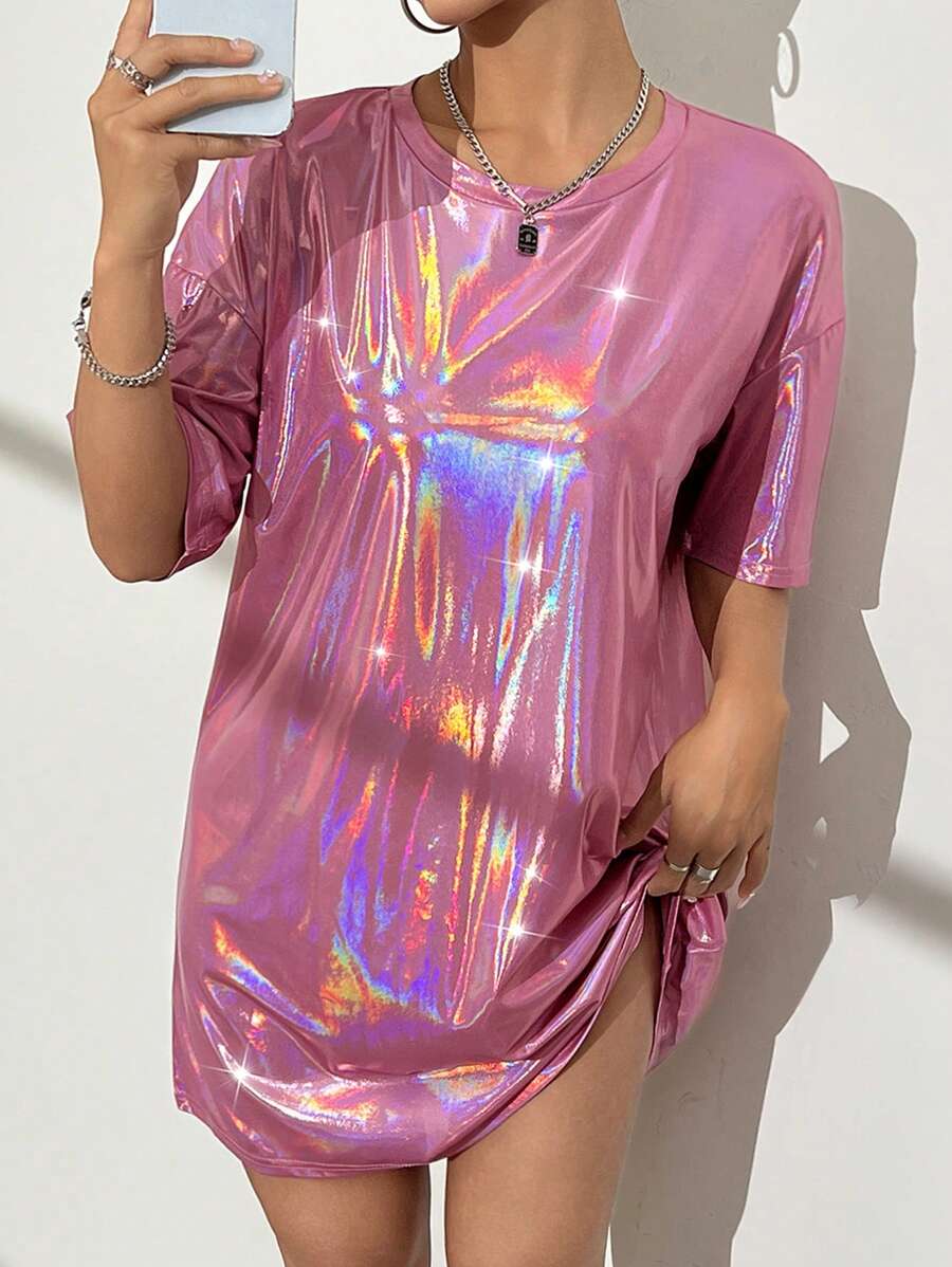 StreetHx 女士夏季休閒寬鬆短袖圓領金屬質感連衣裙 - 藕粉色 - 查看 1