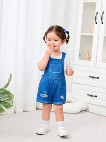 SHEIN Baby Girl Casual Cute Unisex Patterned Romper - Blue - View 3