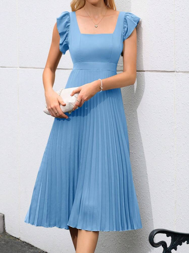GENKIRA Ladies Summer Solid Color Square Neck Cap Sleeve Elegant Dress - Blue - View 3