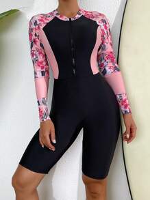 Swim SPRTY Women Summer Beach Vacation Half Zipper Long Sleeve Contrast Tropical Plant Print Rashguard Set - Multicolor - View 1