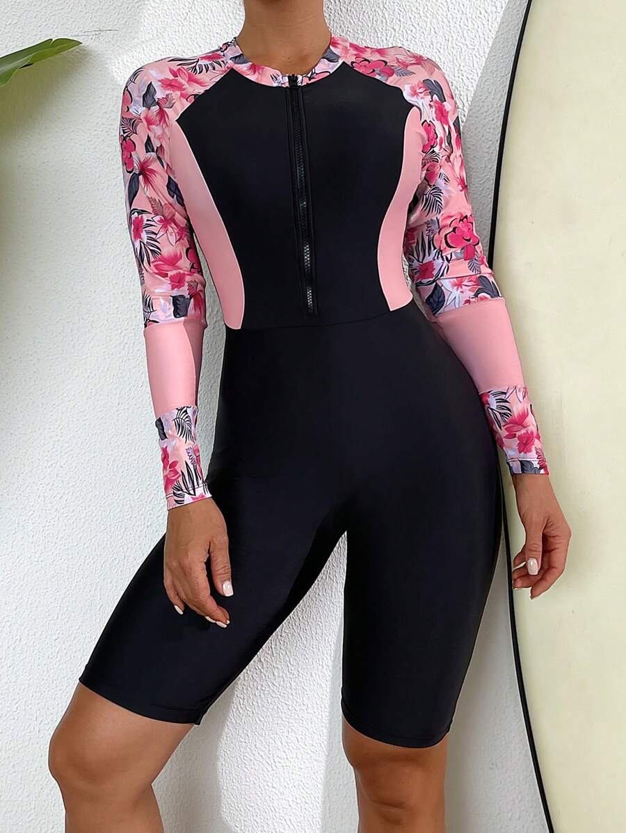 Swim SPRTY Women Summer Beach Vacation Half Zipper Long Sleeve Contrast Tropical Plant Print Rashguard Set - Multicolor - View 1