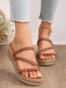 Sandal đế xuồng kiểu La Mã dệt kim thoải mái, thích hợp cho nữ, thích hợp cho du lịch. - màu nâu - Xem 3