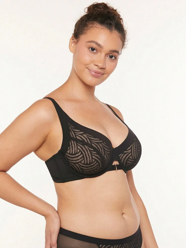 Lingerie Lounge Curve Plunge High Apex Underwire Lace Elegance Black Minimizer Bra