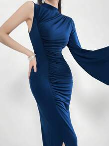 Modelyn Ladies Solid Color Stand Collar Flared Sleeve Pleated Fish Tail Hem Elegant And Chic Dress For Spring/Summer,Elegant Evening Party Long Dresses - Blue - View 4