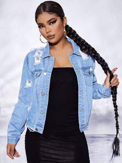 SHEIN SXY Single Breasted Ripped Flap Pocket Denim Jacket
