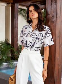 Aveloria Camisa de manga corta con estampado de rayas, cuello con solapa y cierre delantero de botones para vacaciones