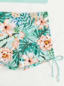Swim Lushoire Women Cold Shoulder Design Ruffle Trim Top And Floral Print Swim Shorts, Suitable For Beach Vacation In Summer,Summer Beach - Mint Green - View 7