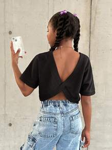 SHEIN Tween Girl Casual Spring/Summer Knitted Solid Color Short Sleeve Top With Round Neckline And V-Back