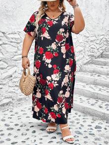 SHEIN CURVE+ Plus Size Rose Flower Printed Dress - Multicolor - View 5