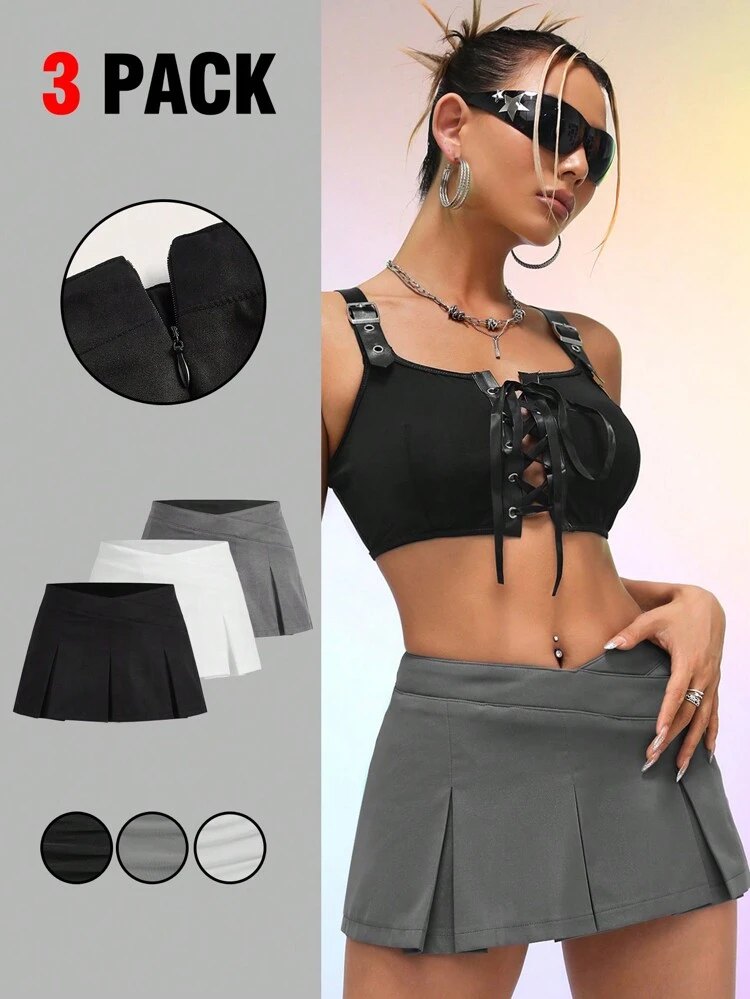 Y2k 3pcs/Set Ladies' Solid Color V-Waist Skirt With Box Pleats, Suitable For Summer Kpop Style Mini Skirts (3 Packs)
