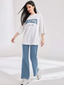 Mulvari Women's Letter Printed Round Neck T-Shirt And Pants Set 2 Pieces Set - Blue - View 6