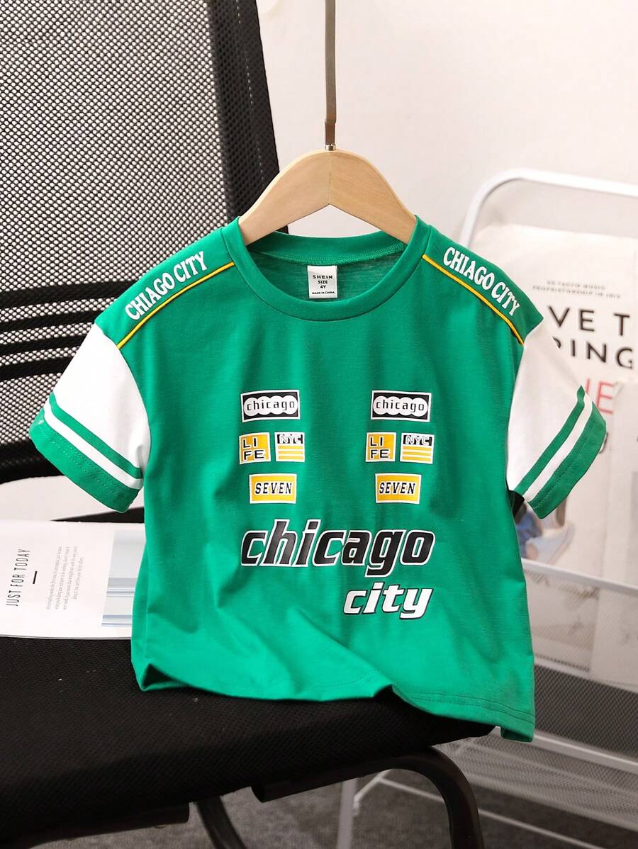 SHEIN 年輕男孩酷街風印花T恤，夏季休閒圓領套頭衫 - 綠色 - 查看 1