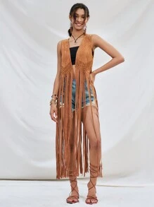 Soleia Women's Bohemian Style Fringed Suede Vest With Lace Trim Brown, For Music Festivals And Vacation - Brown - View 5