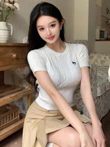 DAZY 女士圓領針織毛衣,帶有小馬圖案 - 白色 - 查看 3
