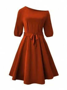 SHEIN Clasi Plus Size Asymmetrical Collar Hidden Pocket Dress - Orange - View 1