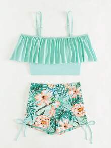 Swim Lushoire Women Cold Shoulder Design Ruffle Trim Top And Floral Print Swim Shorts, Suitable For Beach Vacation In Summer,Summer Beach - Mint Green - View 3