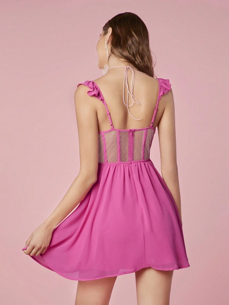 Robe mini rose brodée romantique mignonne, sexy, pour le printemps-été, avec un bord froncé en maille, convenant pour les sorties et les fêtes