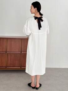 FRIFUL Loose Drop Shoulder Summer Dress With Color Blocking And Back Tie Details Sundress