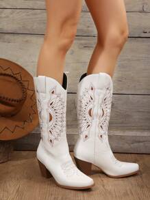 Botas Cowboy Bordadas no Estilo Ocidental Vintage para Mulheres, com Sapatos com Capuz - Branco - Visão 6