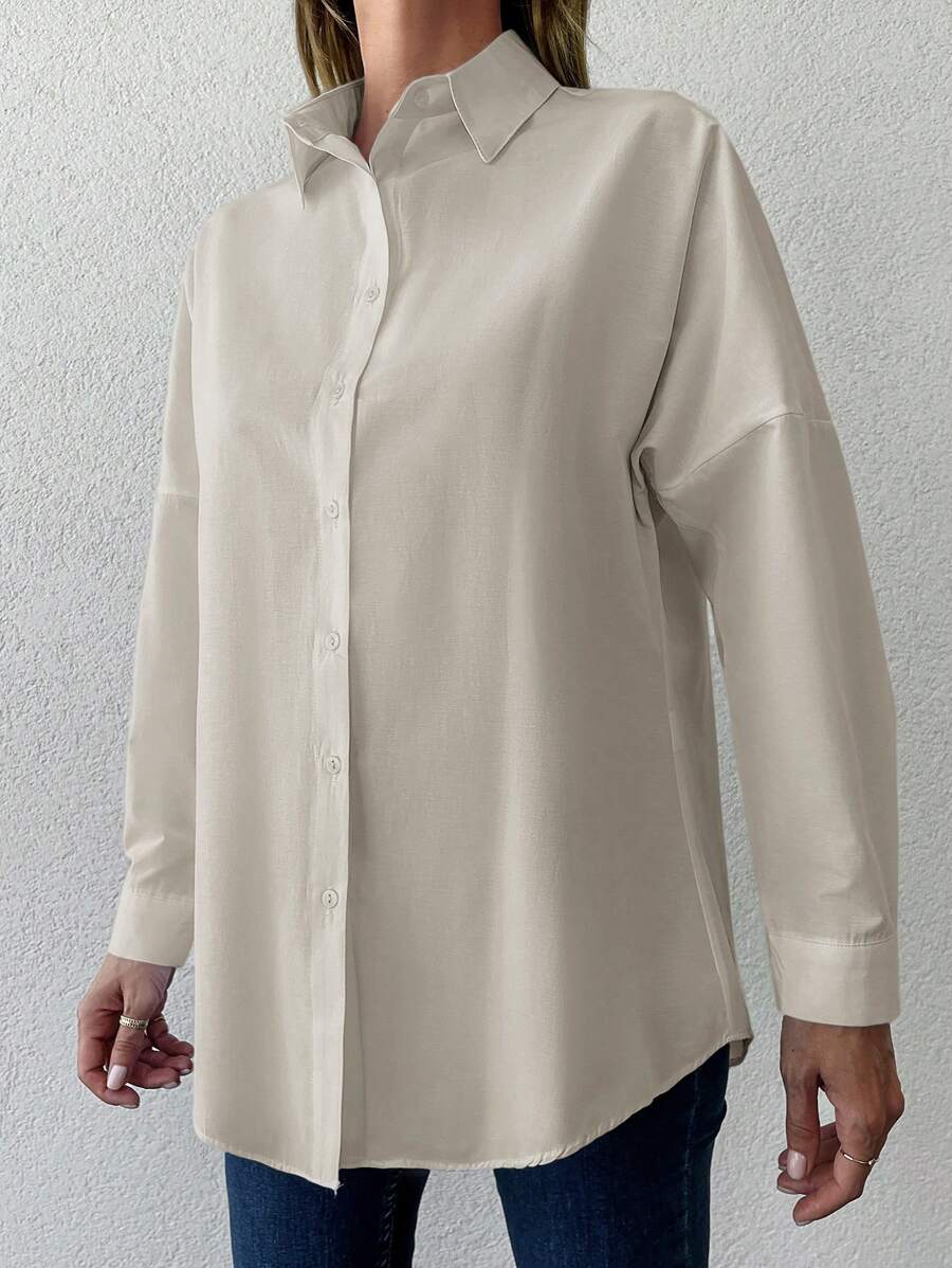 RueChic Camicia monocolore spalle cadenti con bottone frontale - Beige - Visualizzare 1