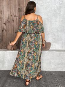 SHEIN LUNE 大尺碼女士裙子，荷葉邊派對印花裙，夏季穿著 - 彩色 - 查看 2