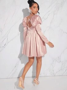 L'Amorae Gigot Sleeve Bubble Hem Satin Dress