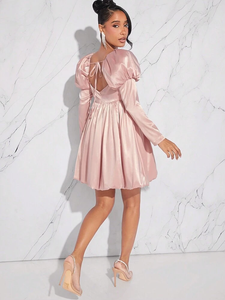 Gigot Sleeve Bubble Hem Satin Dress