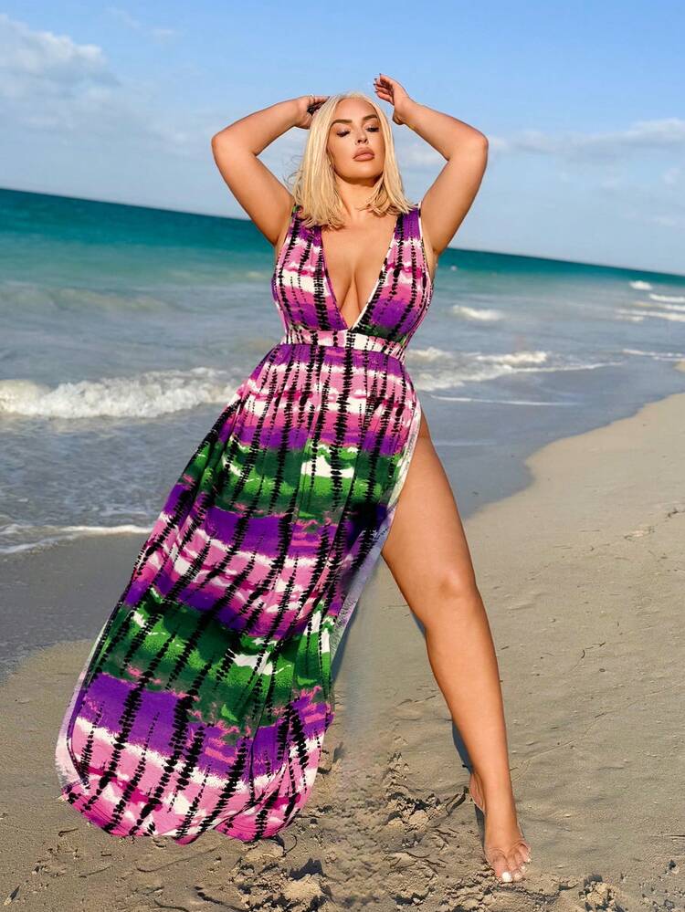 Plus Size Tie Dye  Deep V-Neck Split Hem Fashionable Spring Summer Cami Dress For Holiday Outfits Beach Dress