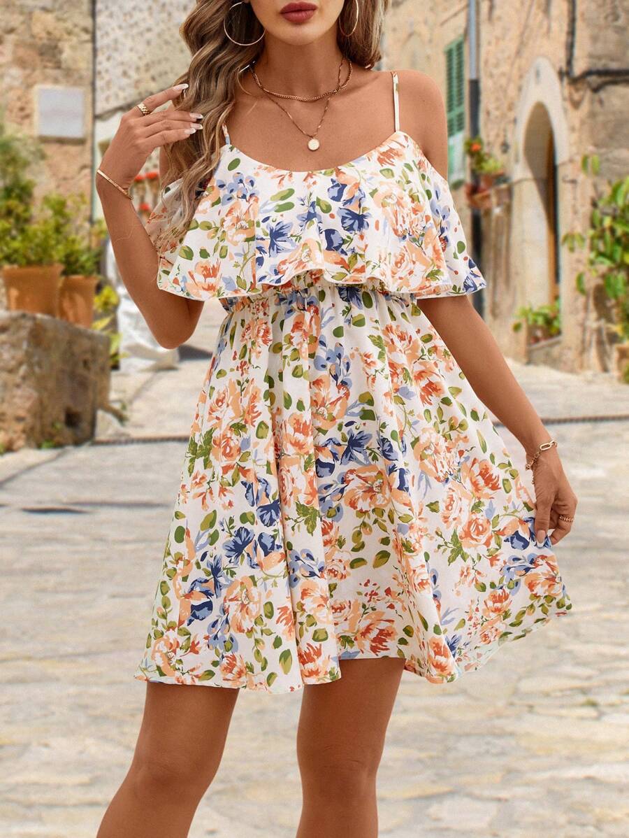 SHEIN Clasi Women Summer Vacation Floral Cold Shoulder Strap Sundress - Multicolor - View 1